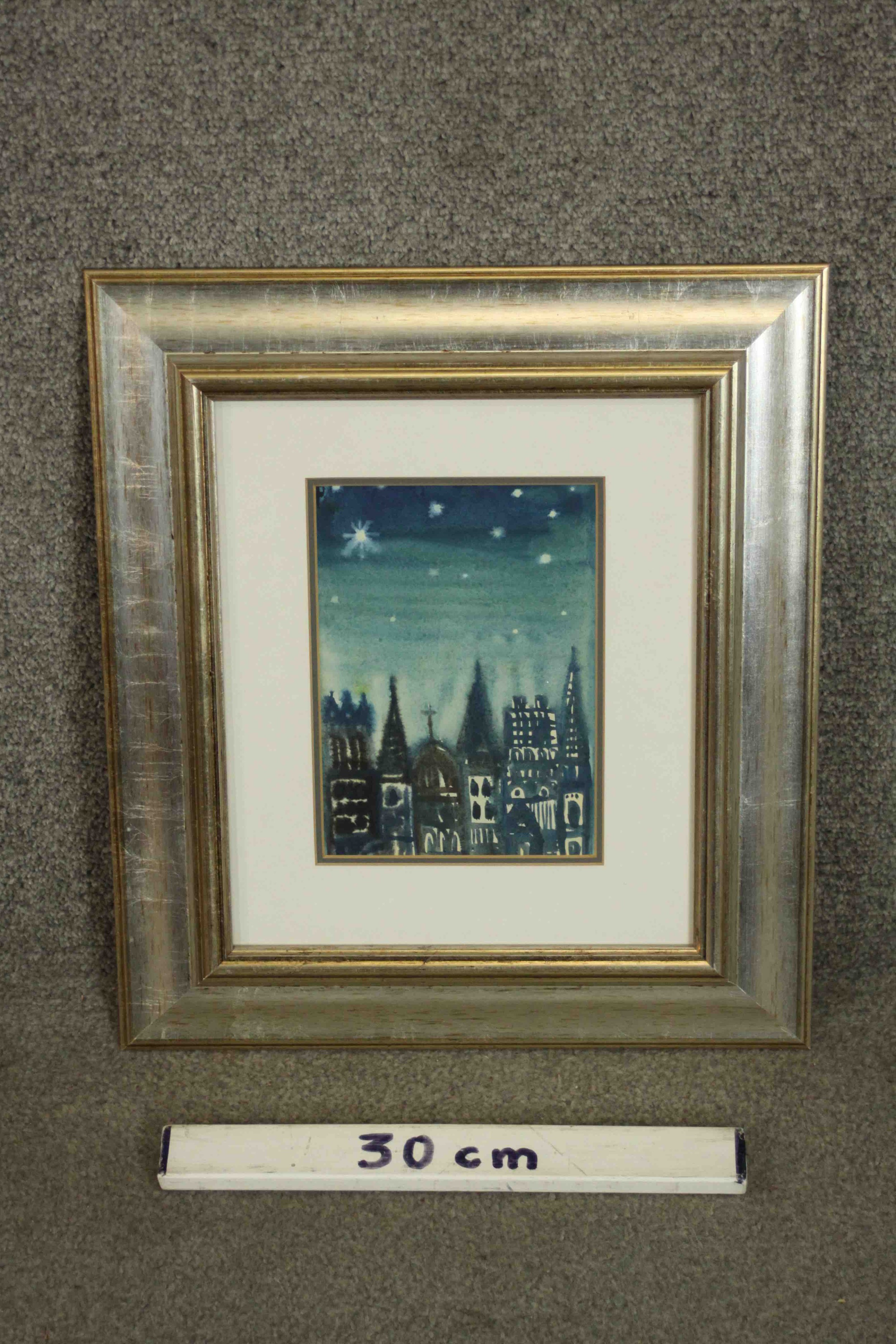Attributed to Inga Palmgren, watercolour on paper, night time city scene, unsigned. H.43 W.37cm.