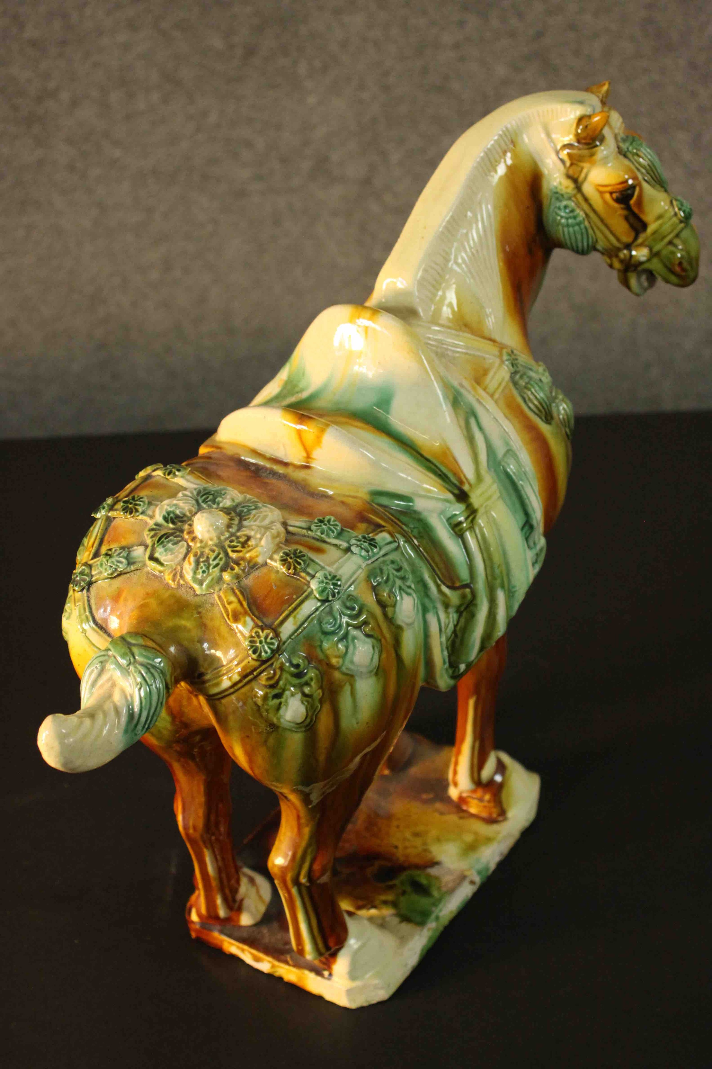 Two Tang dynasty style ceramic horses with applied green and ochre glazes. H.40 W.43 D.18cm. ( - Image 7 of 13