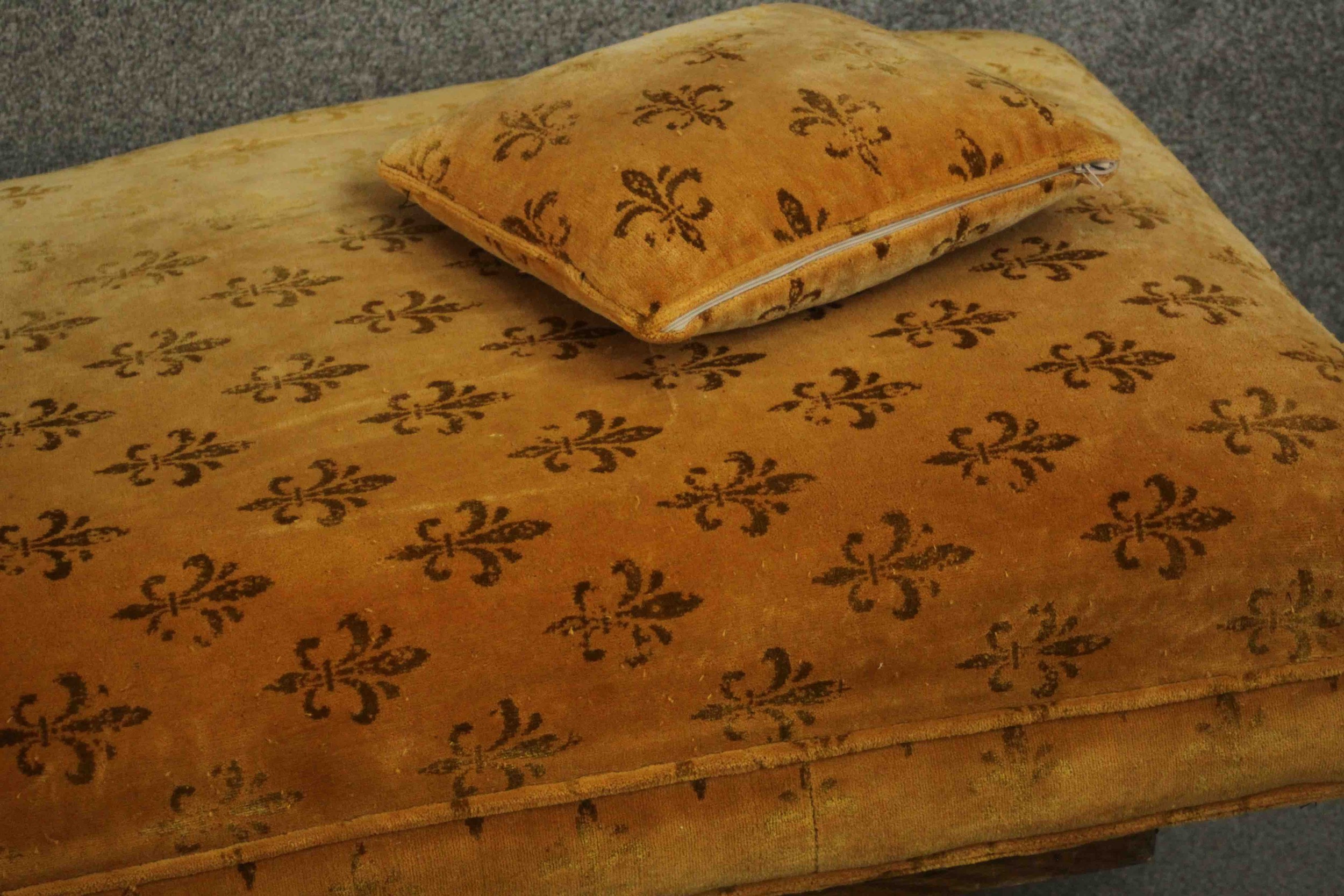 A Victorian daybed or doctor's examining bed, upholstered in a patterned mustard fabric with a loose - Image 4 of 11