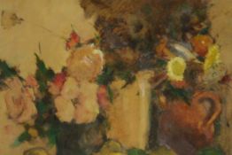 After Louis Demesmaeker (1906-1989), still life of fruit and flowers, oil on canvas, signed lower