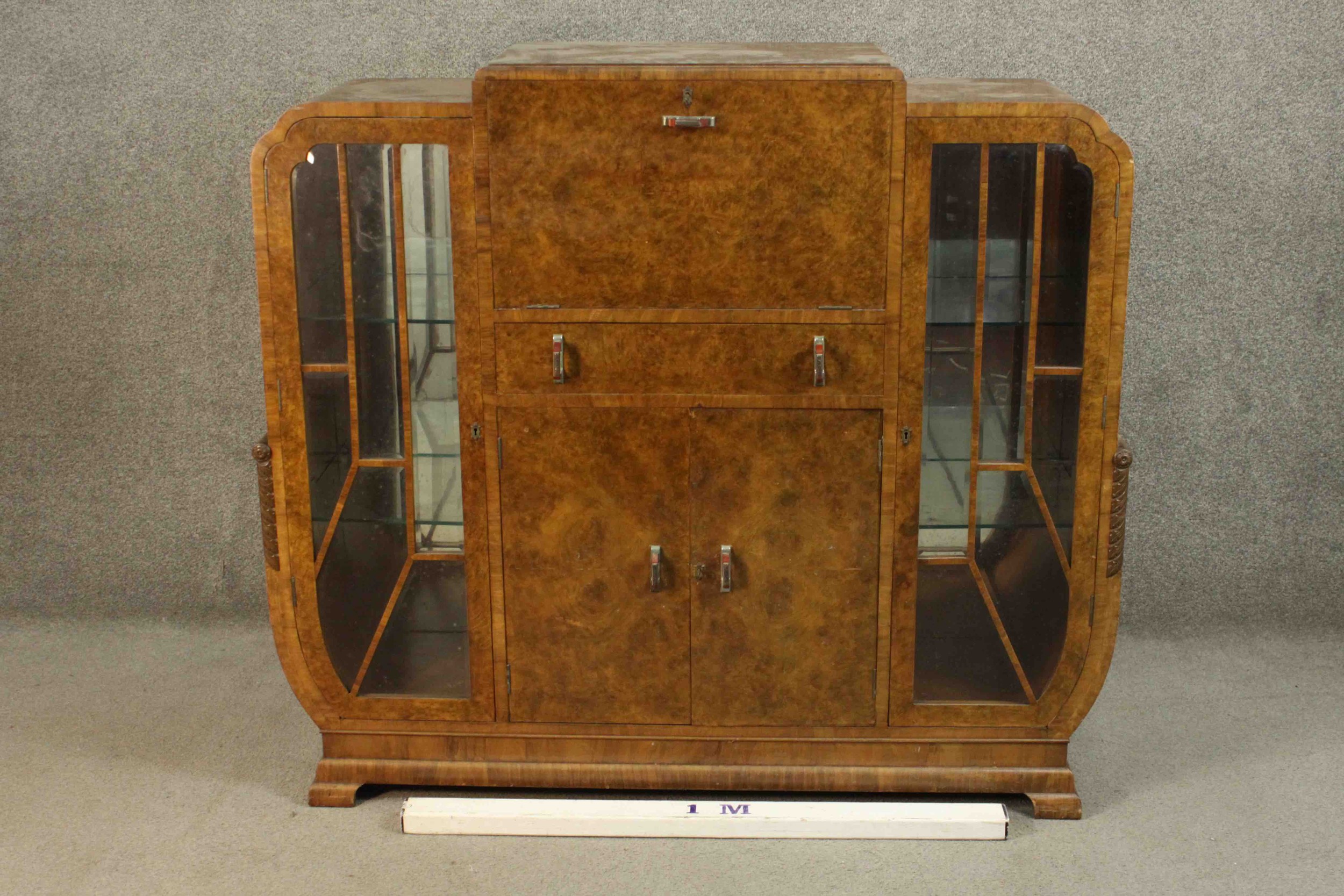 An Art Deco burr walnut cocktail cabinet with fitted and mirrored central mixing section flanked - Image 2 of 17