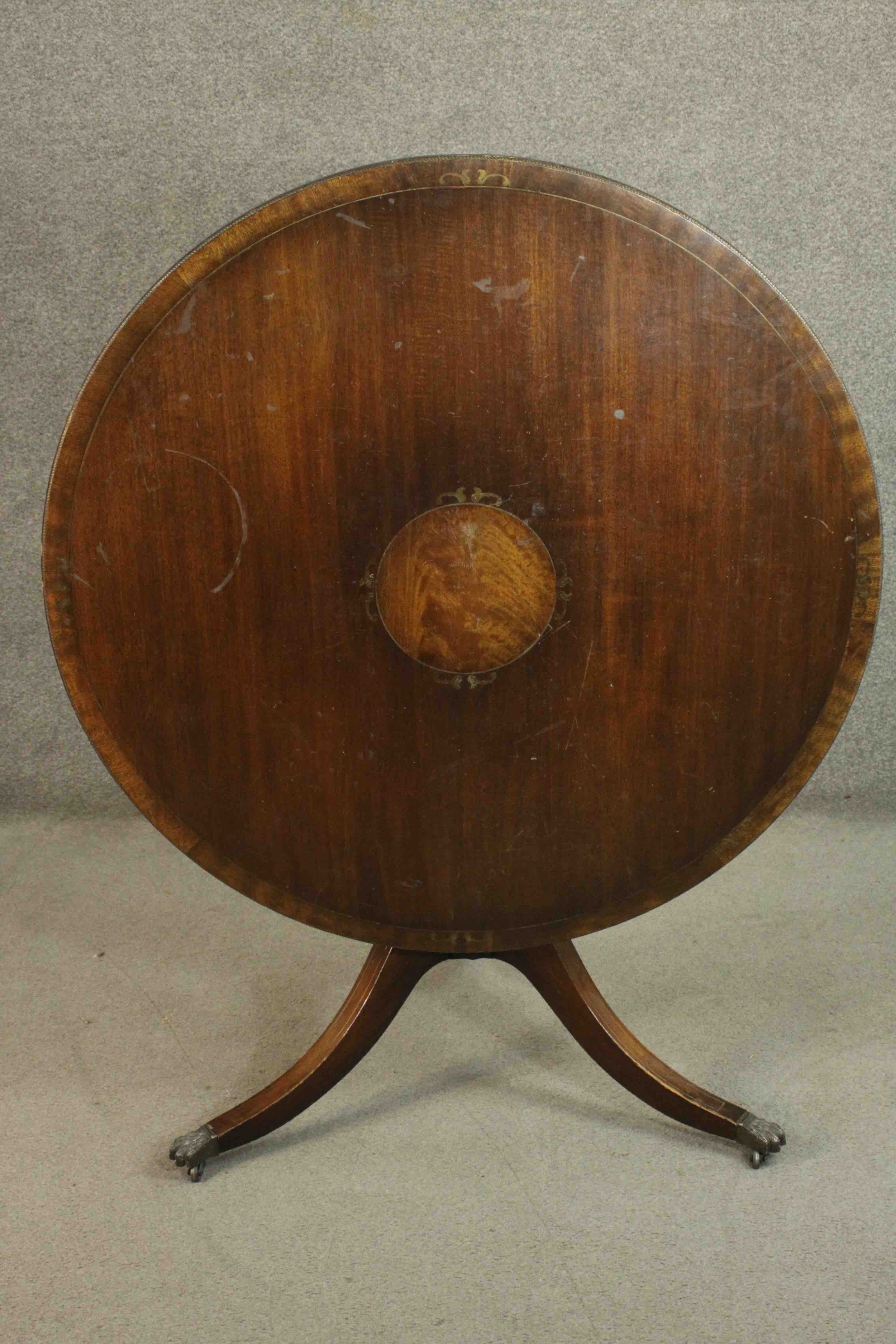 A mahogany Georgian style tilt top table on tripod swept base. H.73 Dia.106cm. - Image 3 of 10