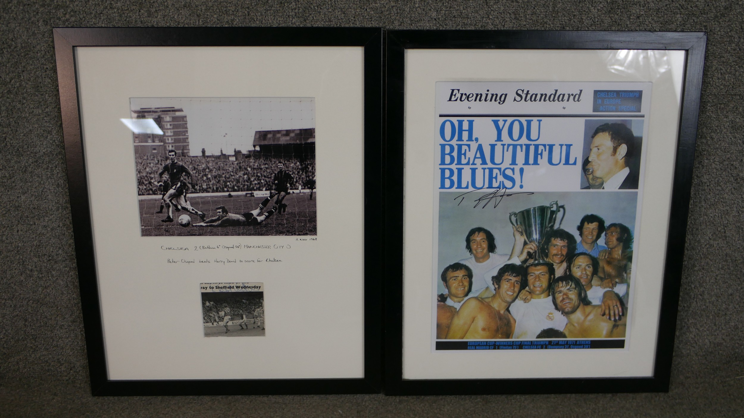Two framed and glazed signed pieces of Chelsea F.C. memorabilia. A Peter Osgood signed press photo