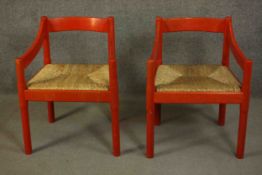 Vico Magistretti for Cassini, Italy, a pair of Carimate red lacquered beech open armchairs, circa