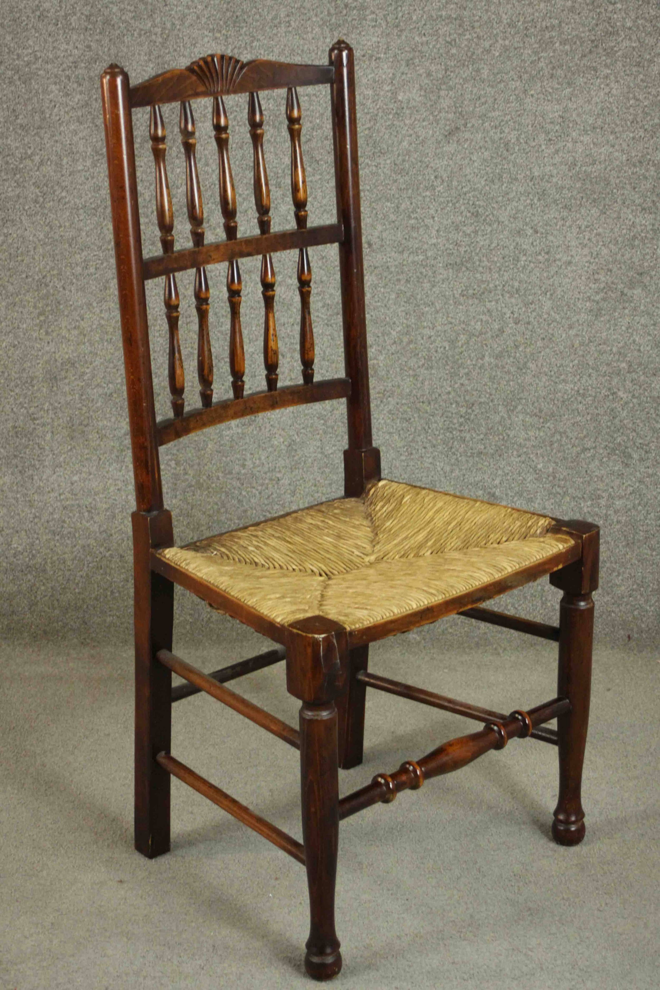A set of four Lancashire stained beech country dining chairs, with a splindle back, over a rush - Image 3 of 10