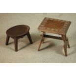 A small vintage carved teak stool along with another 19th century stool. H.28 W.26 D.26cm. (largest)