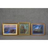 Attributed to Barrie Houghton, a collection of three framed and glazed acrylics on paper,