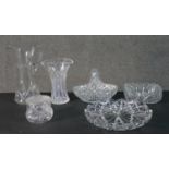 A collection of crystal, including a jug, a basket, bowl and other hand cut items. H.28cm (largest)