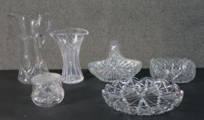 A collection of crystal, including a jug, a basket, bowl and other hand cut items. H.28cm (largest)