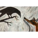 Wolf Howard, acrylic on canvas, 'Fox and Crow'. Monogrammed WH and signed and titled verso. H.46 W.