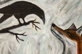 Wolf Howard, acrylic on canvas, 'Fox and Crow'. Monogrammed WH and signed and titled verso. H.46 W.