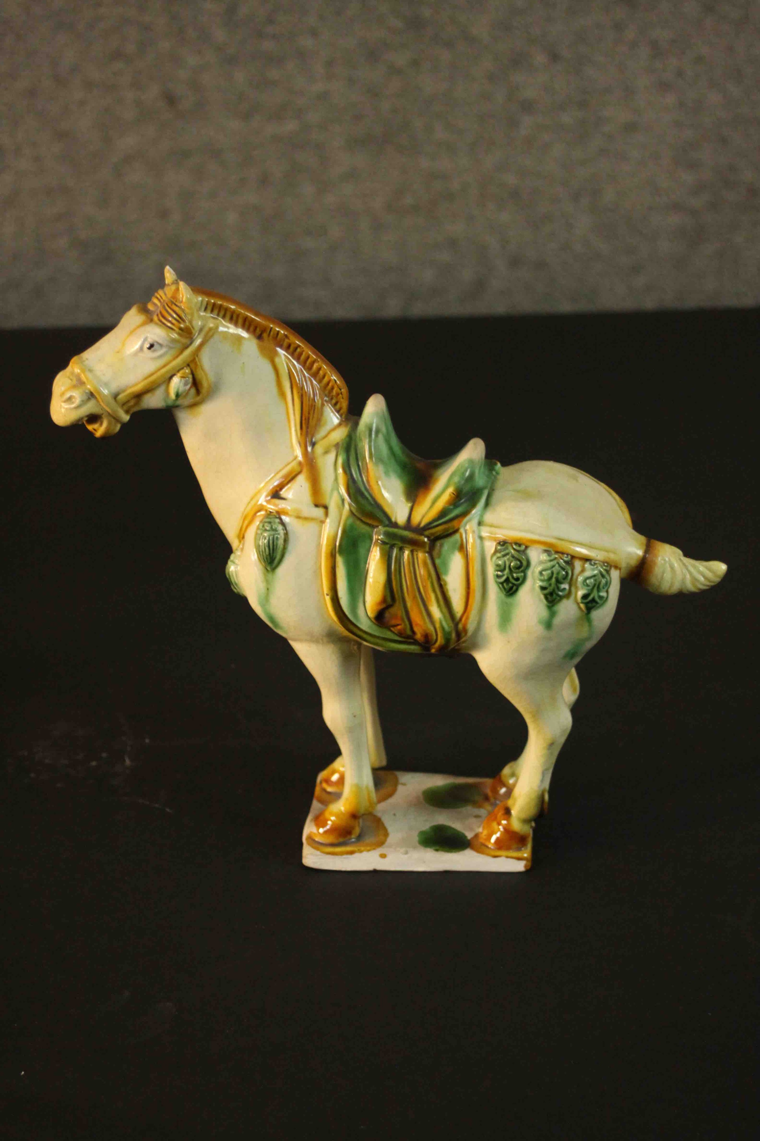 Two Tang dynasty style ceramic horses with applied green and ochre glazes. H.40 W.43 D.18cm. ( - Image 3 of 13