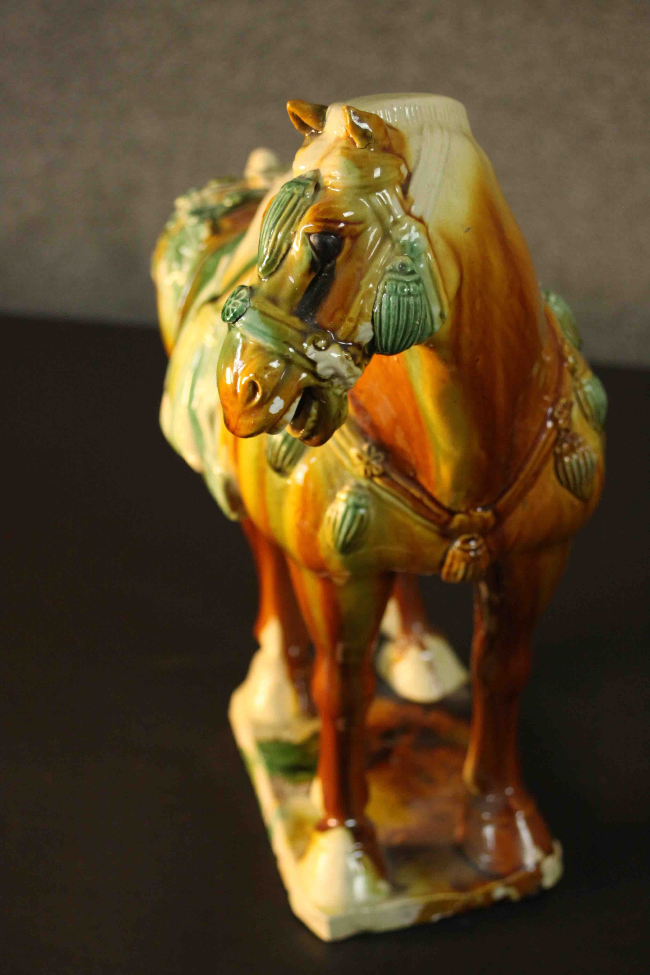 Two Tang dynasty style ceramic horses with applied green and ochre glazes. H.40 W.43 D.18cm. ( - Image 6 of 13