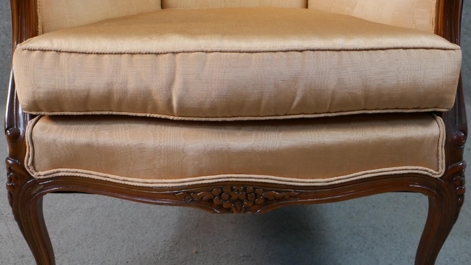 A late 20th century French show wood armchair, with a carved frame, upholstered in salmon colured - Image 3 of 6