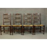 A set of four Lancashire stained beech country dining chairs, with a splindle back, over a rush