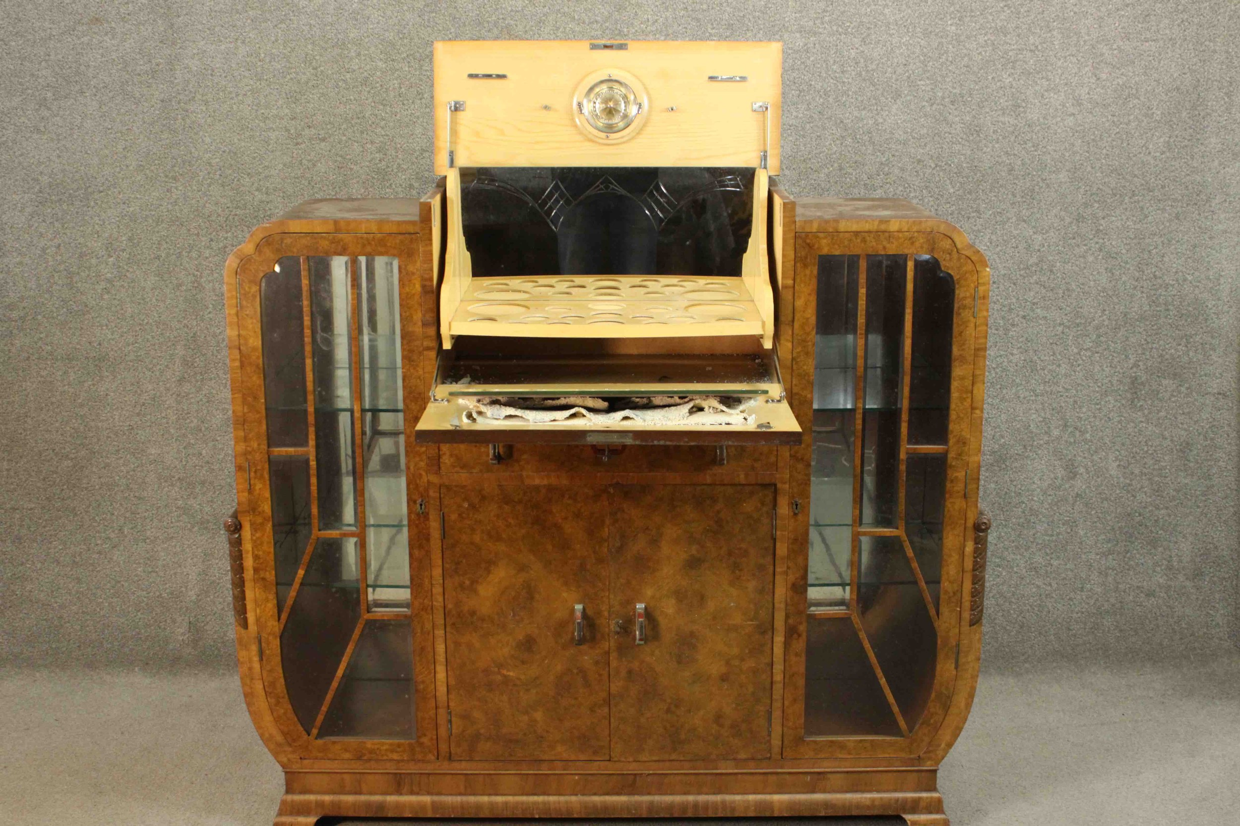 An Art Deco burr walnut cocktail cabinet with fitted and mirrored central mixing section flanked - Image 3 of 17