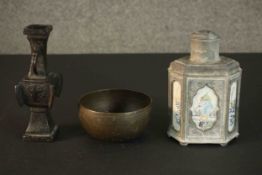 A Chinese archaic style bronze vase along with an engraved brass bowl and a bronze lantern with hand