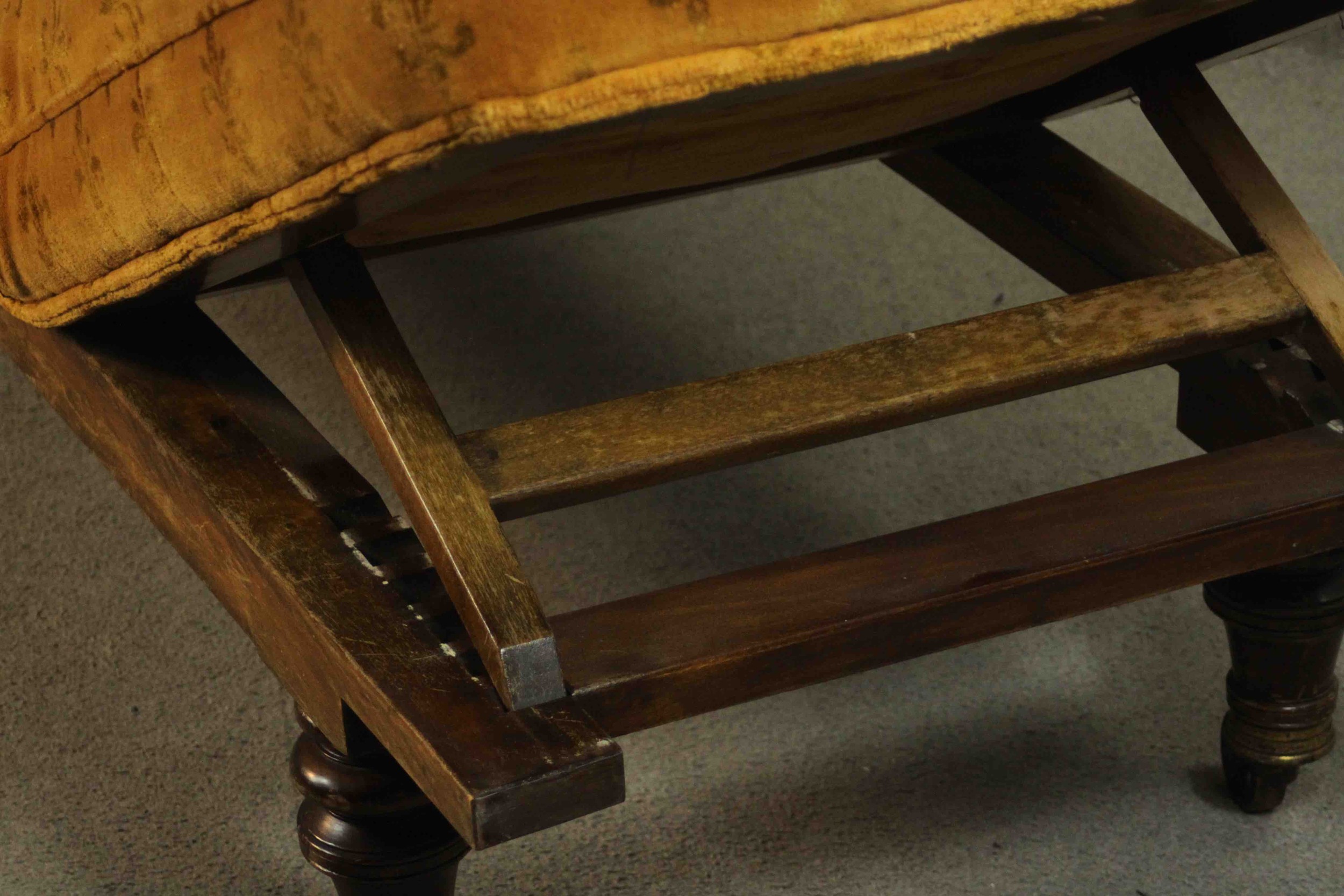 A Victorian daybed or doctor's examining bed, upholstered in a patterned mustard fabric with a loose - Image 10 of 11