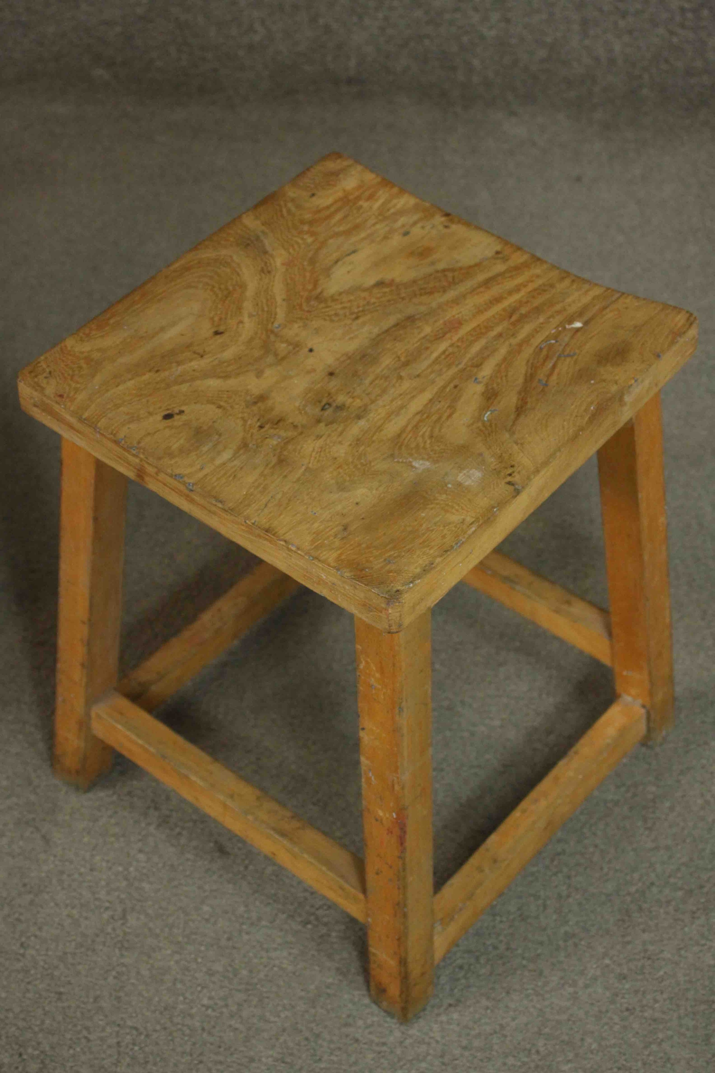 A collection of three stools, including an elm example with a shaped seat and hand hole, a stool - Image 5 of 5