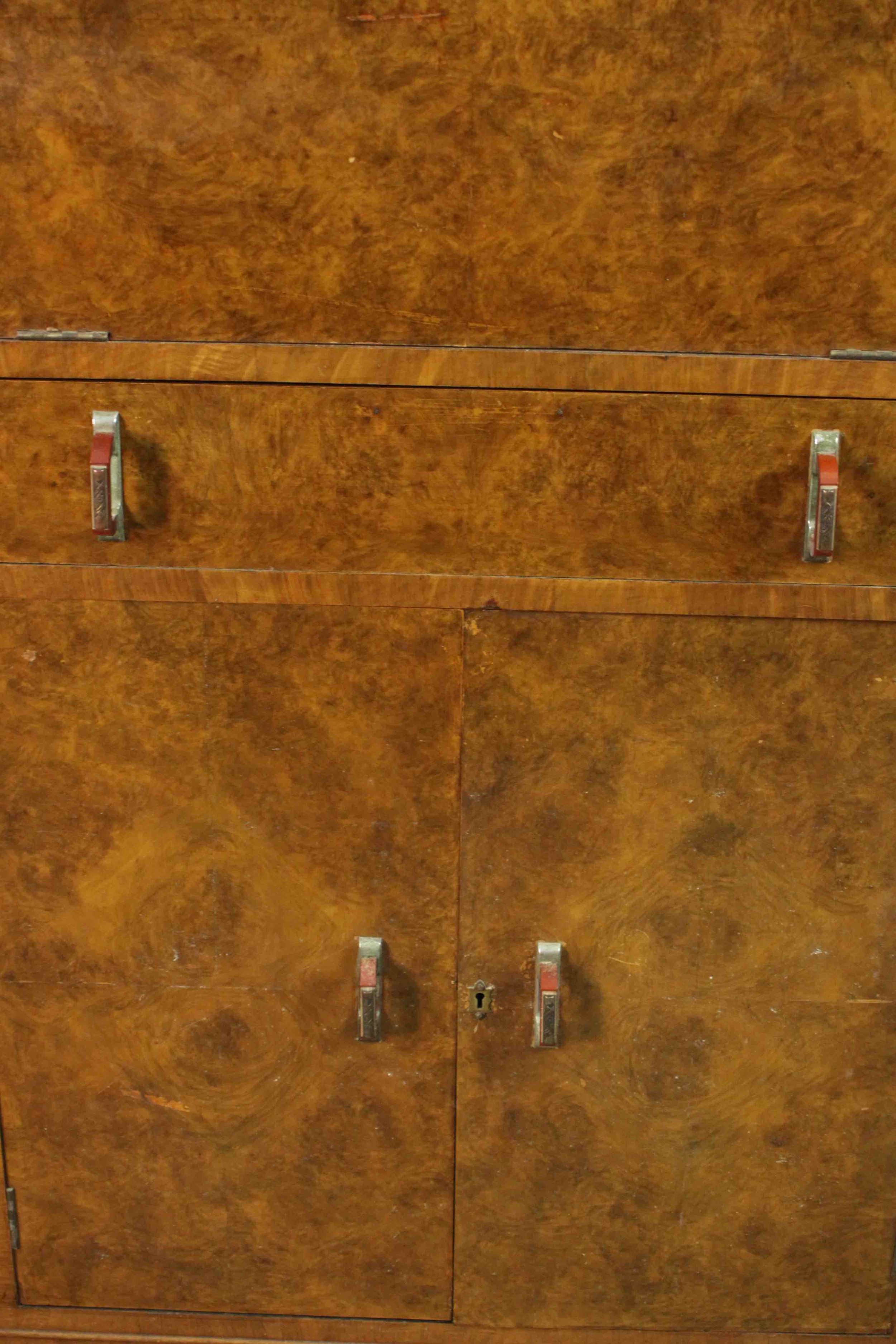 An Art Deco burr walnut cocktail cabinet with fitted and mirrored central mixing section flanked - Image 11 of 17