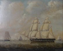 A framed 19th century oil on panel of a galleon and sailing boats on the water, unsigned. H.35 W.