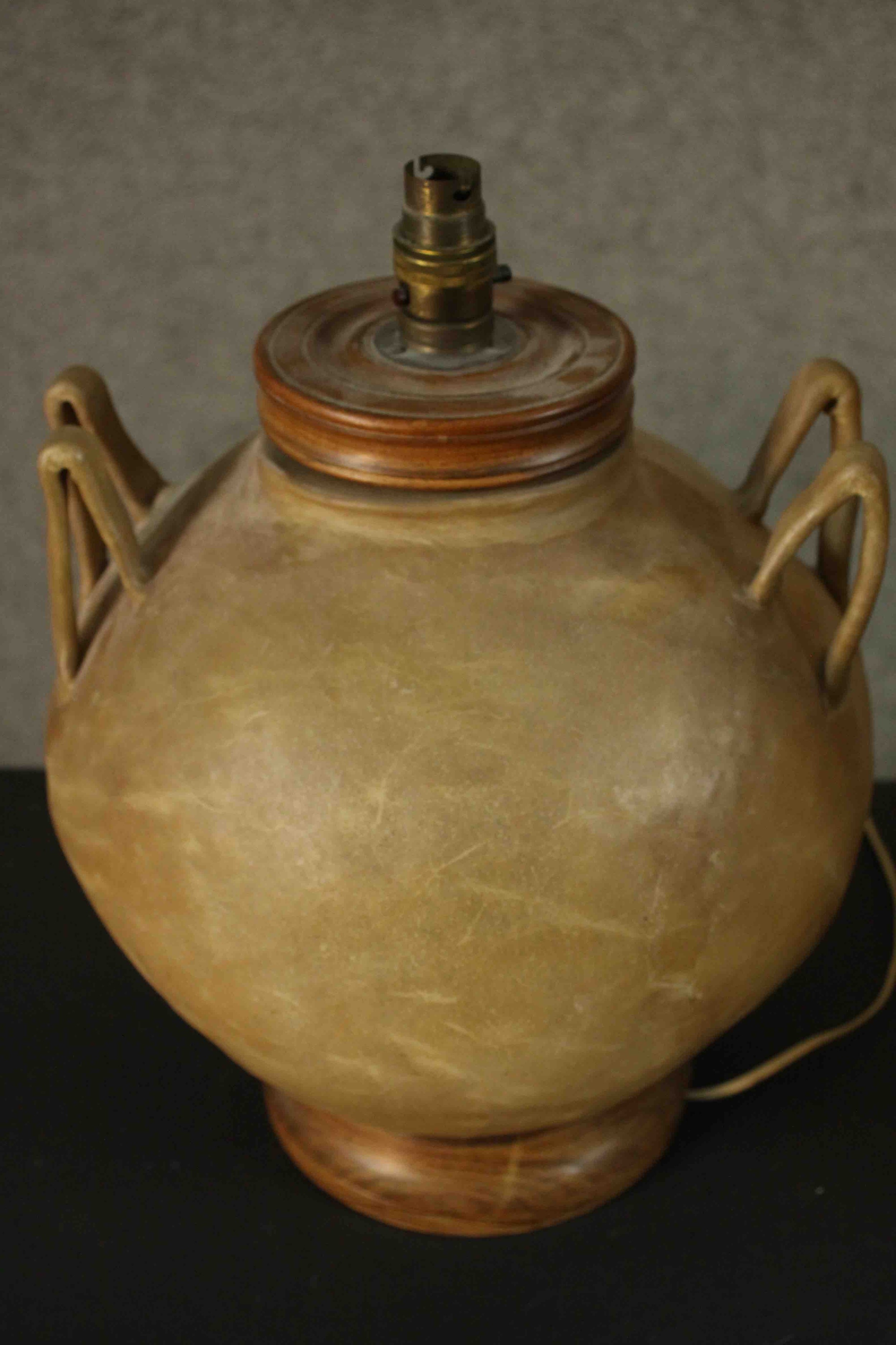 A pair of camel intestine twin handled table lamps with turned tops and bases. H.57 Dia.13cm. - Image 5 of 5