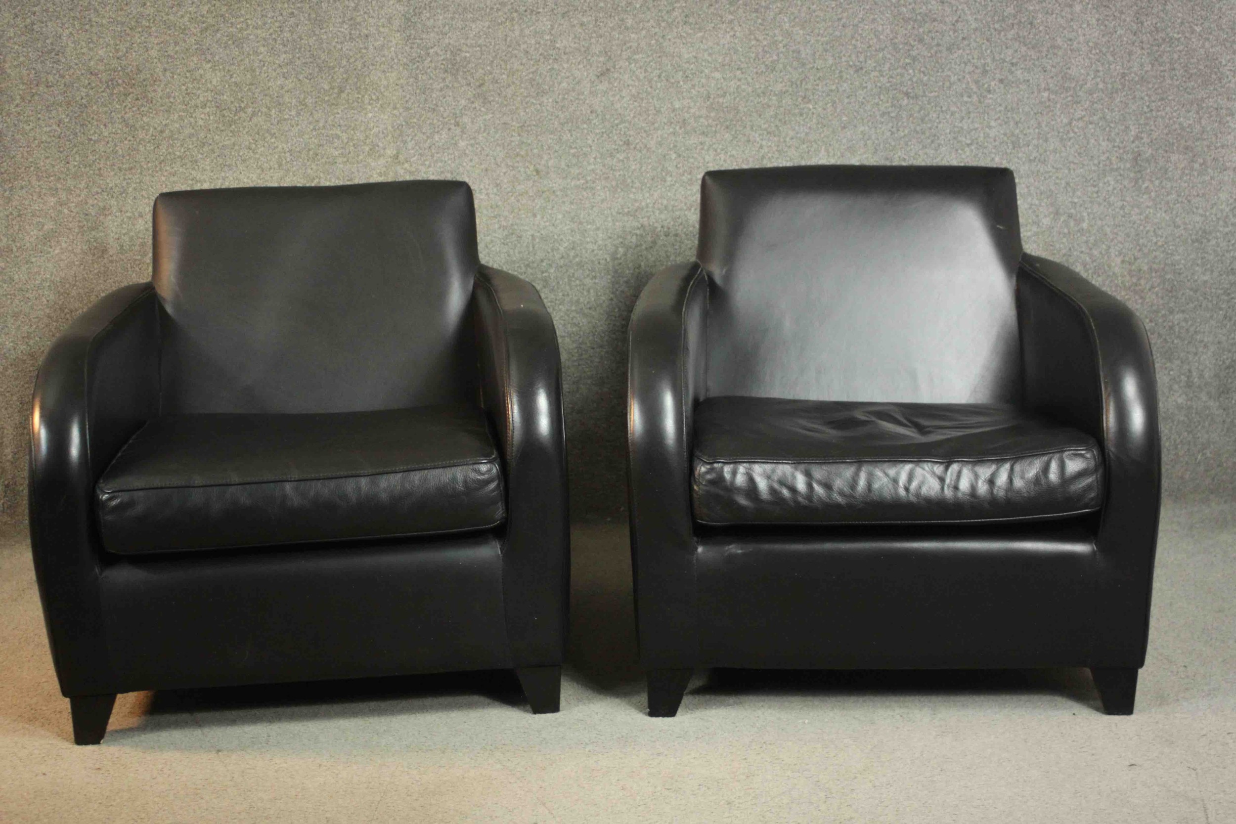 A pair of contemporary black leather armchairs, on tapering block feet, together with a matching - Image 2 of 10