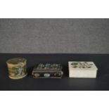 Three trinket boxes, including a Pietra dura white marble box, a white metal box with gemstone