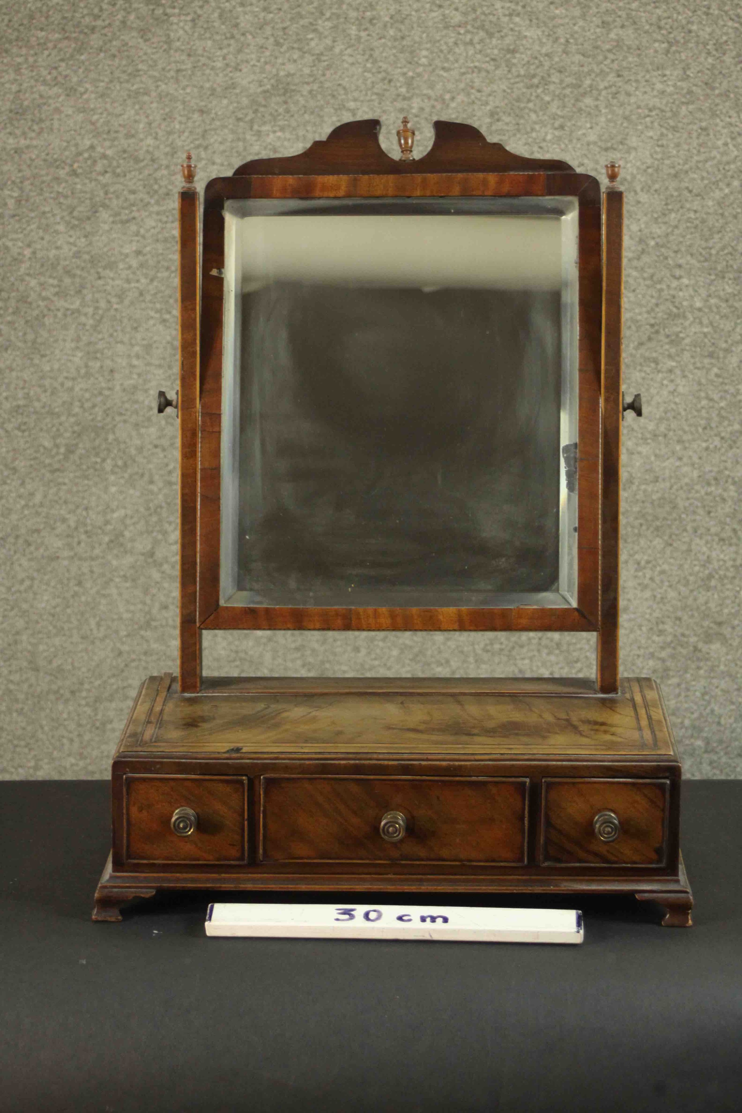 A 19th century mahogany dressing table mirror with bevelled swing plate above base fitted with - Image 2 of 7