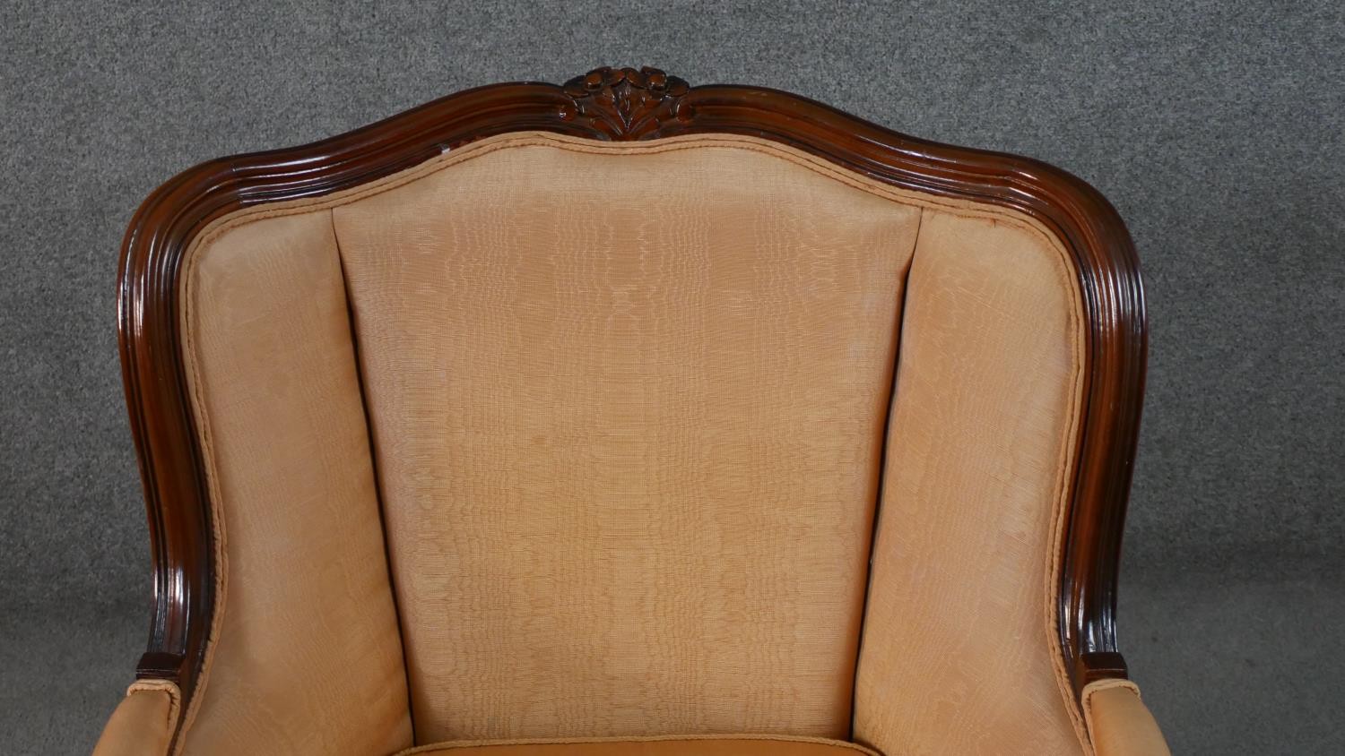 A late 20th century French show wood armchair, with a carved frame, upholstered in salmon colured - Image 5 of 6