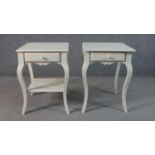 A pair of French style painted bedside tables, with a square top over a single drawer on cabriole