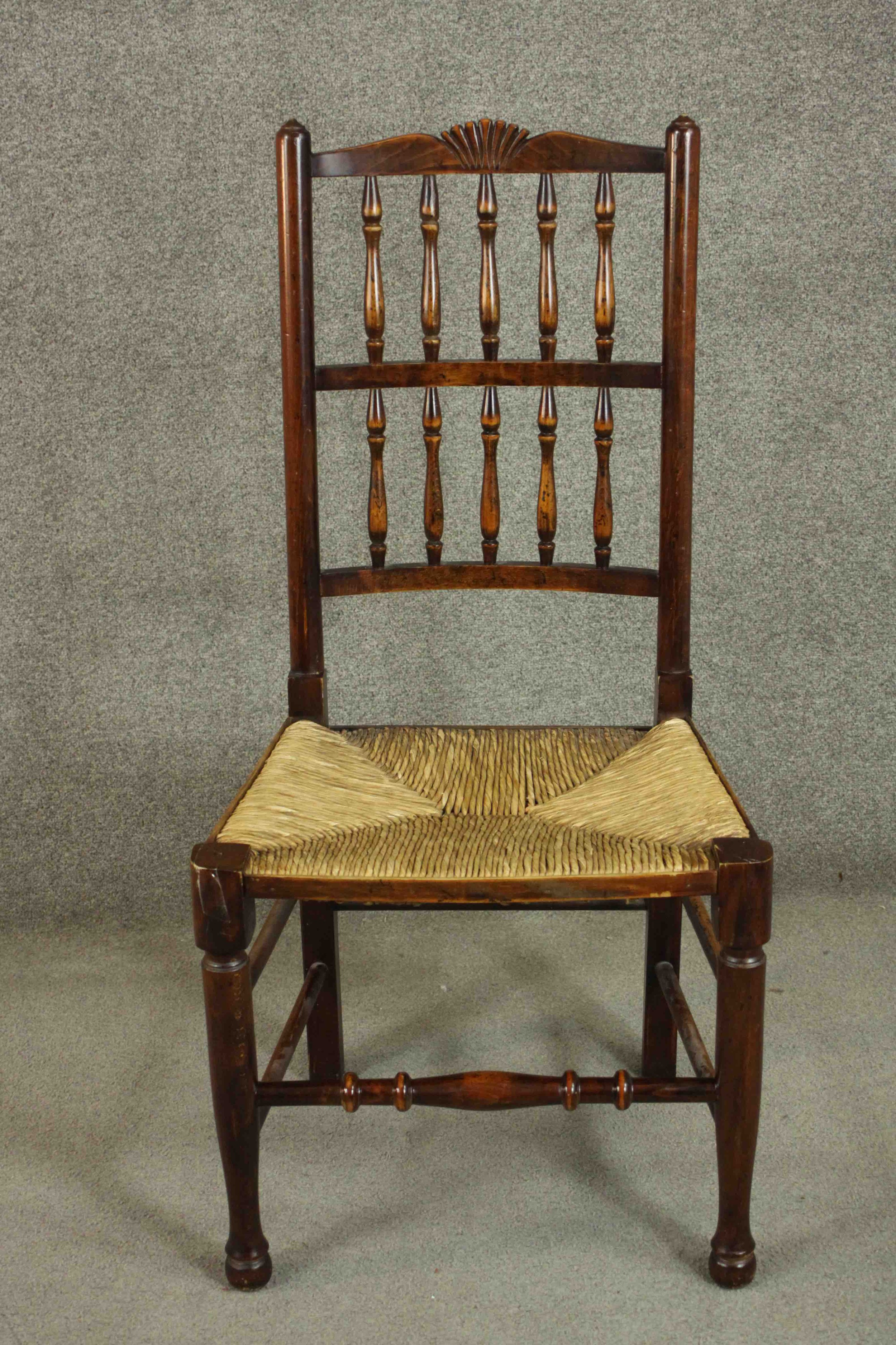 A set of four Lancashire stained beech country dining chairs, with a splindle back, over a rush - Image 2 of 10