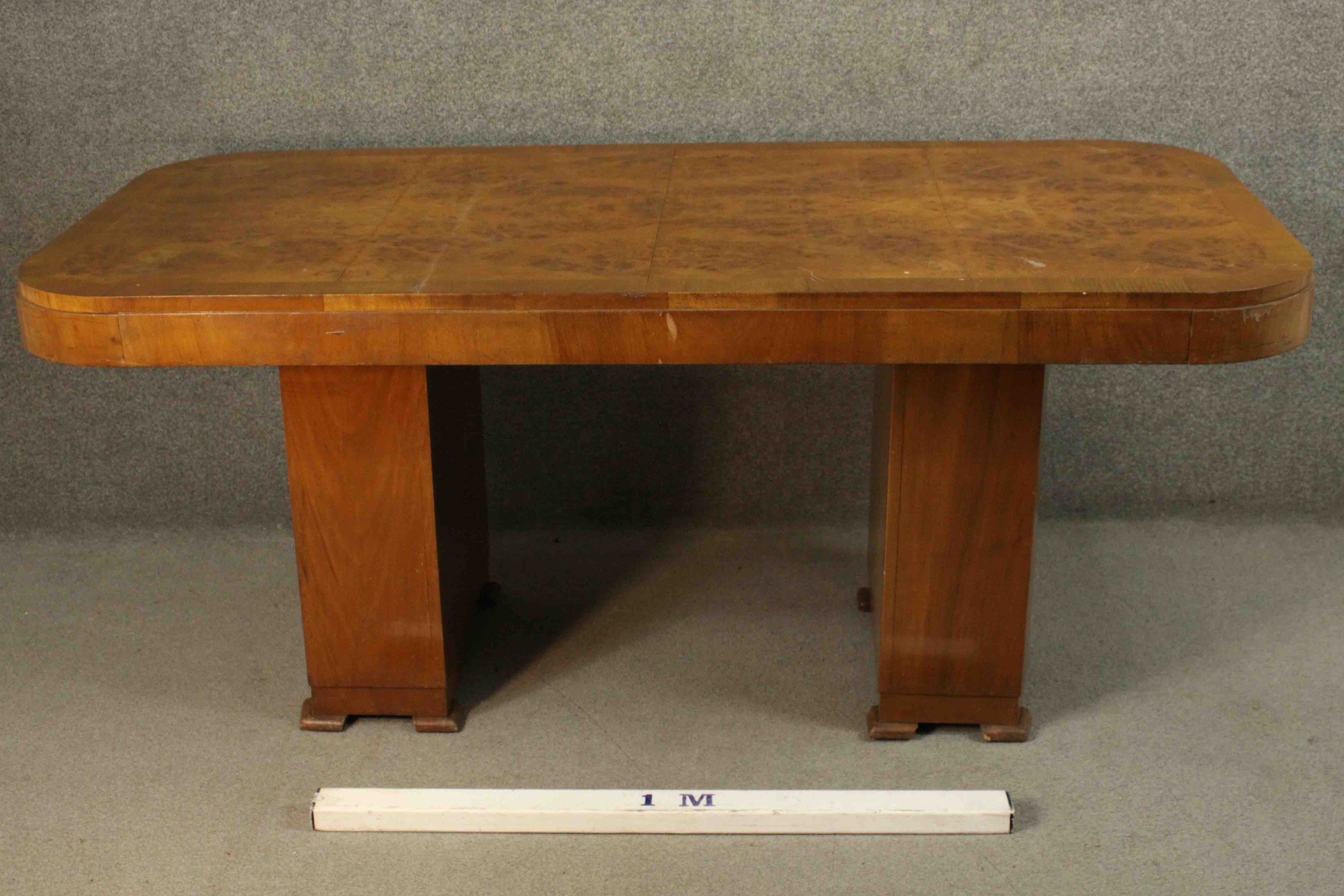 An Art Deco burr walnut and crossbanded dining table with rounded rectangular top on twin pillar - Image 2 of 9