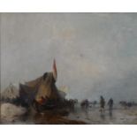 Carl Hilgers (1818 - 1890), oil on canvas, fishing scene with tents on the beach, signed. H.80 W.