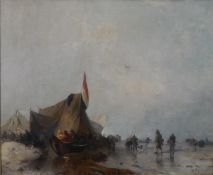 Carl Hilgers (1818 - 1890), oil on canvas, fishing scene with tents on the beach, signed. H.80 W.