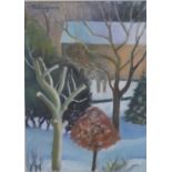 Inga Palmgren, oil on board, trees in the snow, signed. H.49 W.36cm.