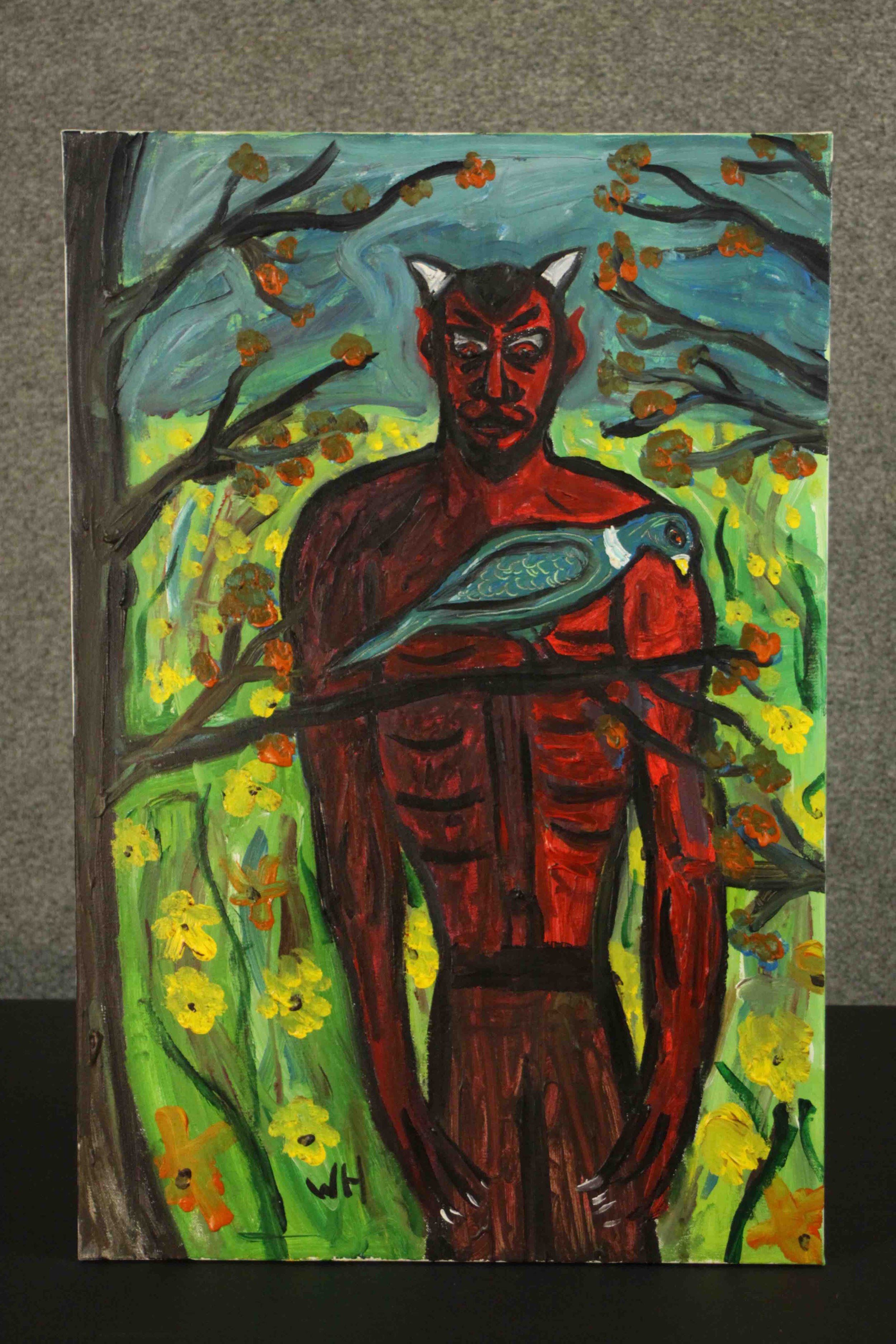 Wolf Howard, acrylic on canvas, 'Devil and Pigeon'. Monogrammed WH and signed and titled verso. H.77 - Image 2 of 6