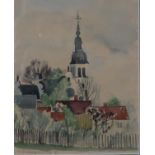Inga Palmgren, watercolour of a town scene with church spire, signed. H.43 W.38cm