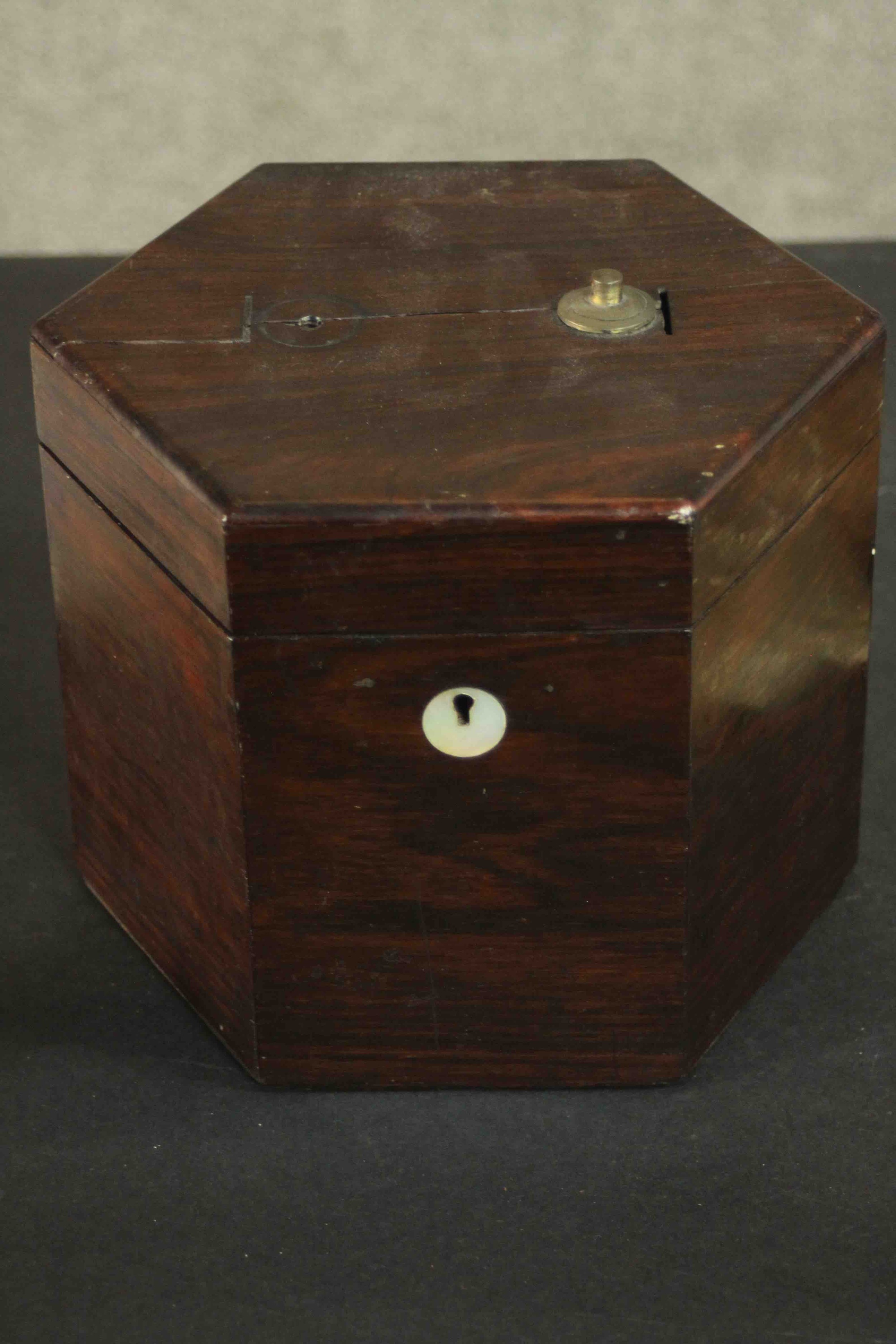 A Georgian mahogany hexagonal box containing cello parts and accessories. H.17 W.18 D.18cm - Image 8 of 9
