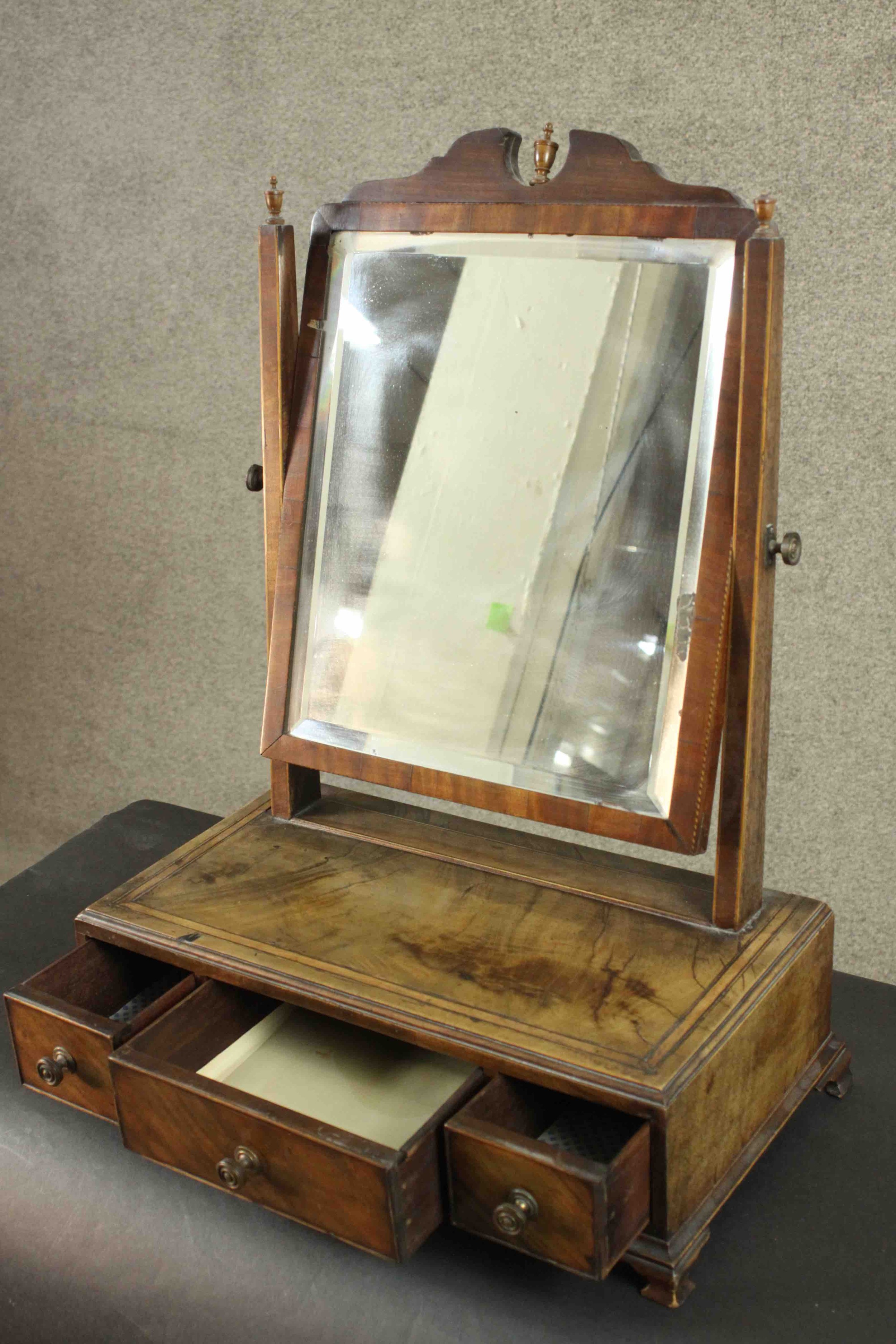 A 19th century mahogany dressing table mirror with bevelled swing plate above base fitted with - Image 3 of 7