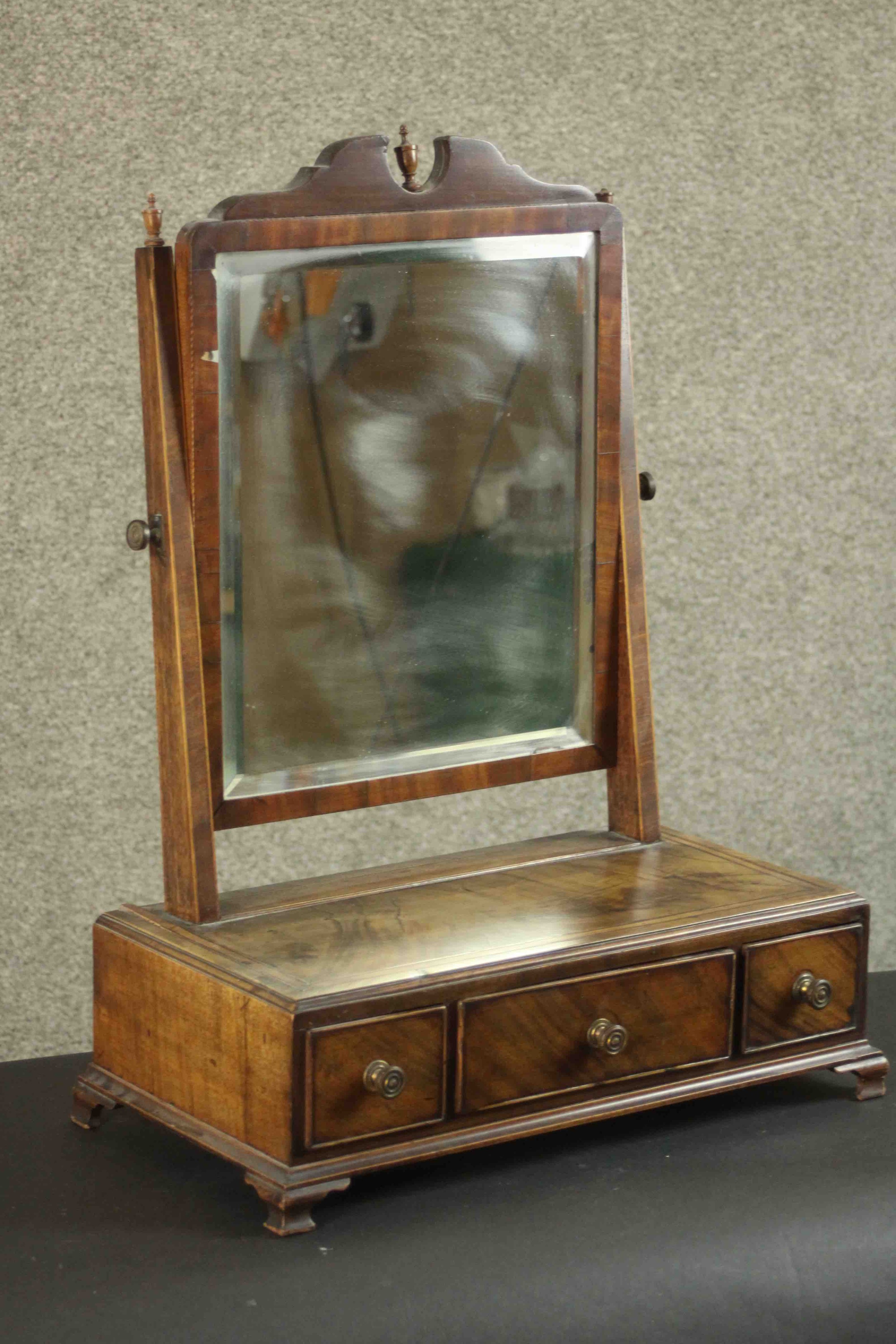 A 19th century mahogany dressing table mirror with bevelled swing plate above base fitted with - Image 4 of 7