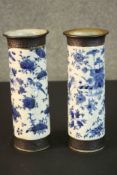 Two Chinese early 20th century crackle glaze blue and white hand painted ceramic vases. Decorated