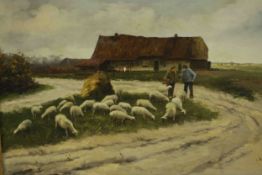 After Anton Mauve (Dutch 1838-1888), Shepherd With His Flock Near Farmhouse, oil on canvas, signed