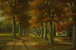 Early 20th century school, figures on a forest path, oil on canvas, signed A V Dame lower right. H.