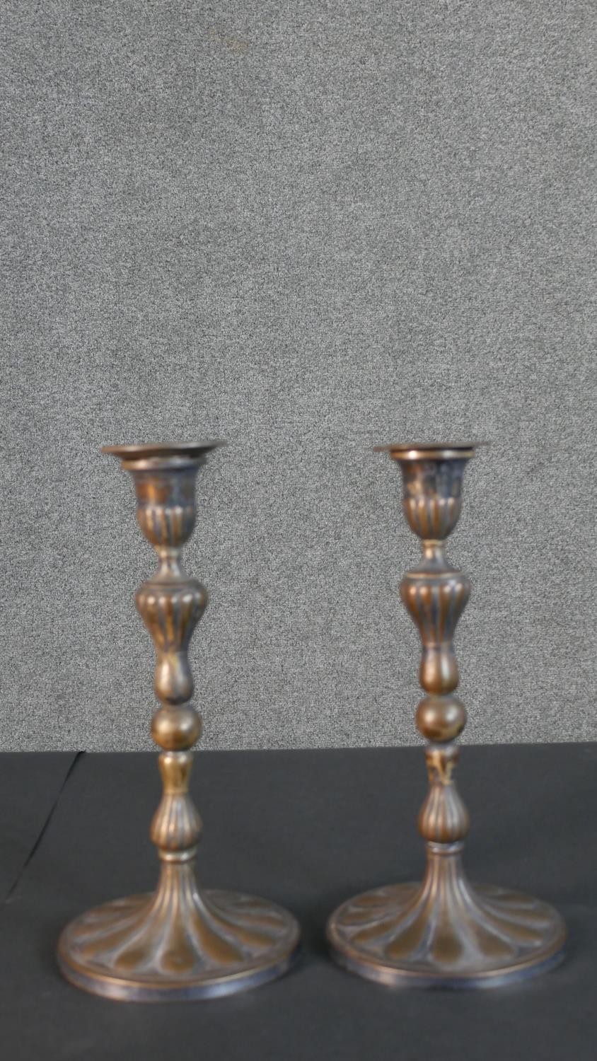 Two pairs of 19th century repousse design candle sticks. H.29 Diam.14cm (largest) - Image 3 of 6