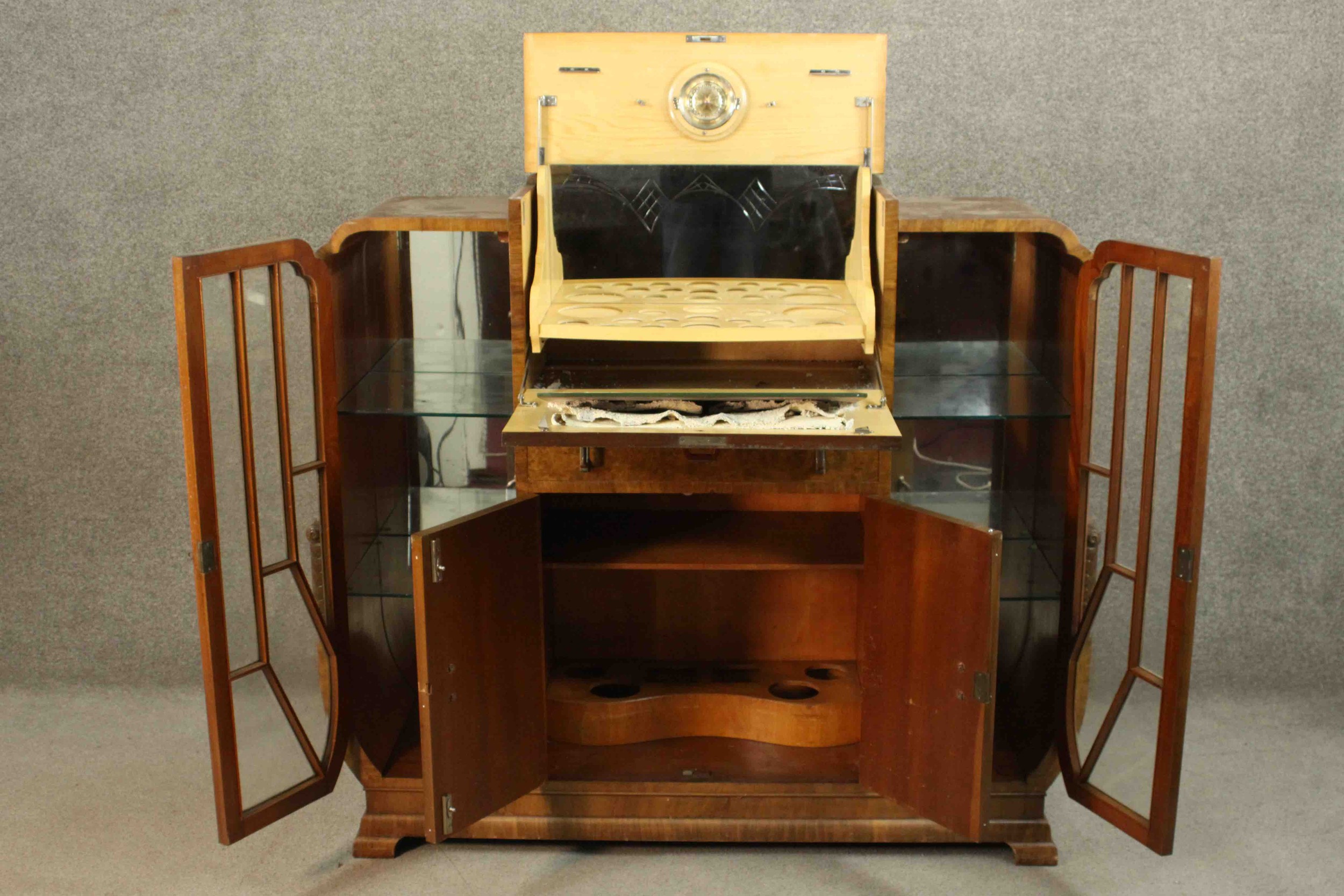 An Art Deco burr walnut cocktail cabinet with fitted and mirrored central mixing section flanked - Image 5 of 17