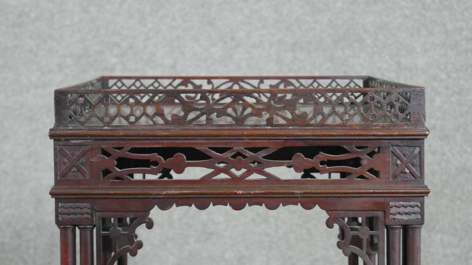 A late Victorian Chippendale style mahogany jardiniere stand, the square top with a pierced - Image 3 of 6