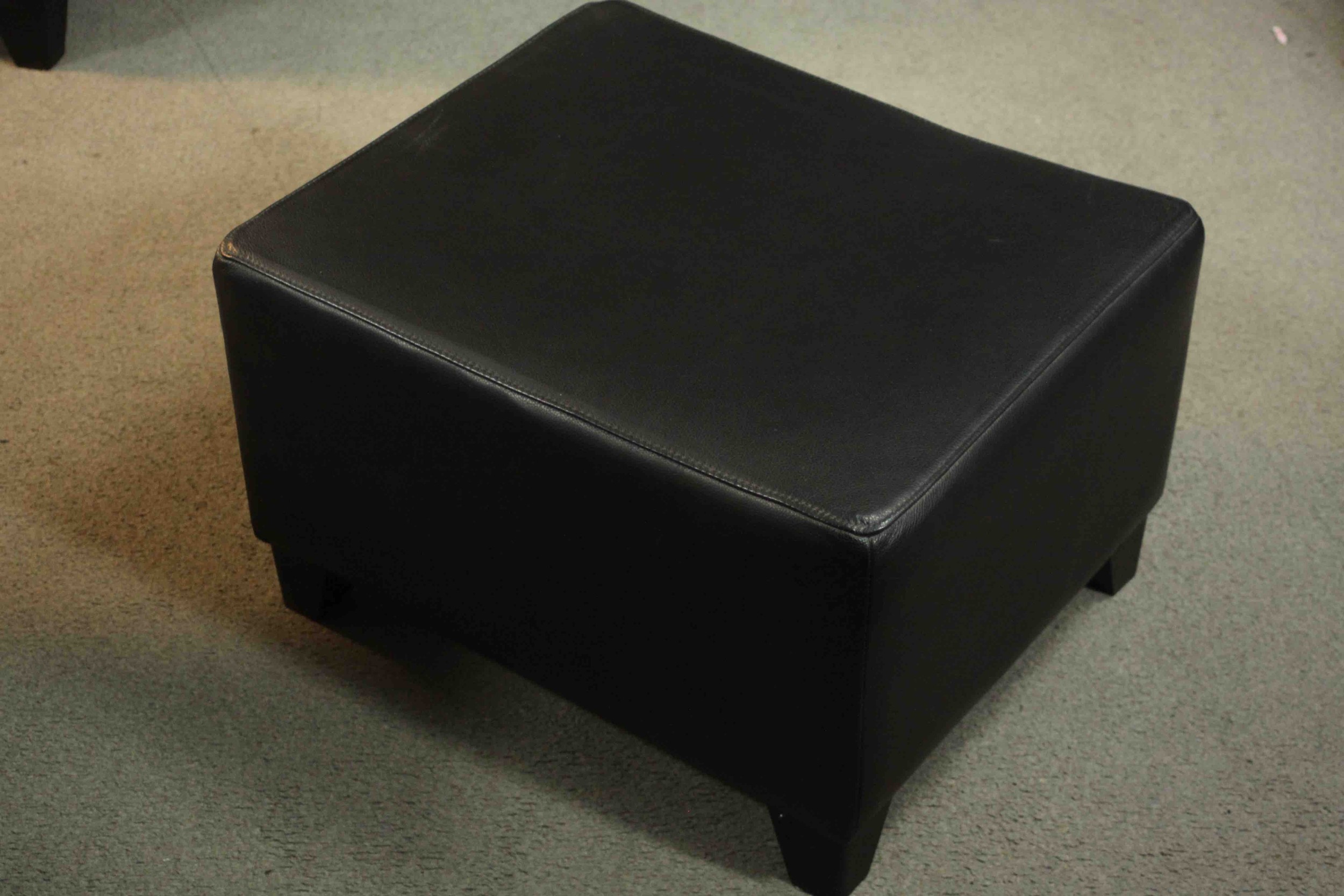 A pair of contemporary black leather armchairs, on tapering block feet, together with a matching - Image 10 of 10