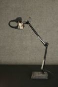 A black angle poised magnifier with lamp, on a rectangular weighted base. H.82cm.