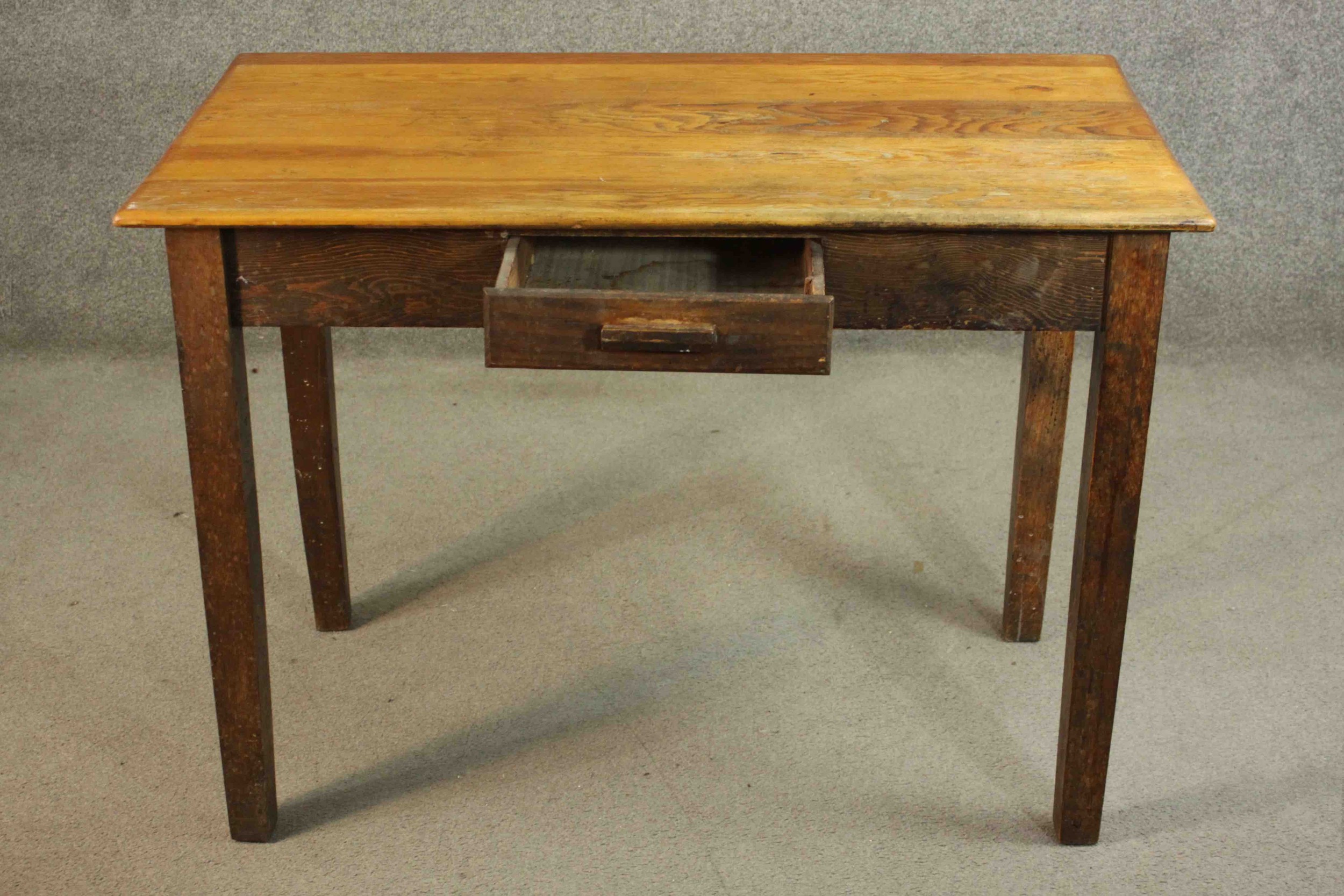 A vintage oak writing table with frieze drawer and maker's label on square supports. H.76 W105 D. - Image 3 of 7